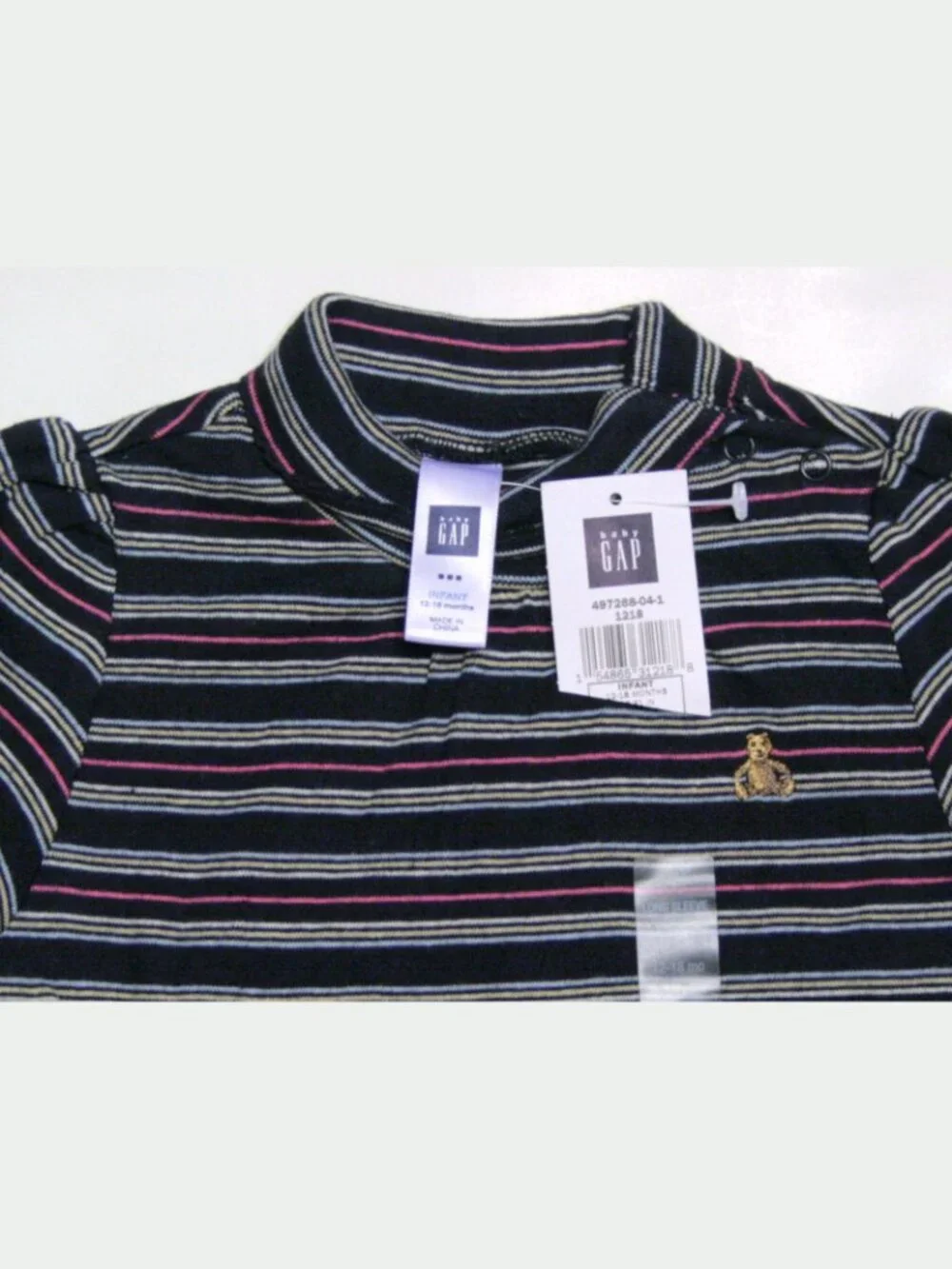 NWT Baby Gap Striped Long-Sleeved Girl One Piece NAVY 100% Cotton Bear Logo